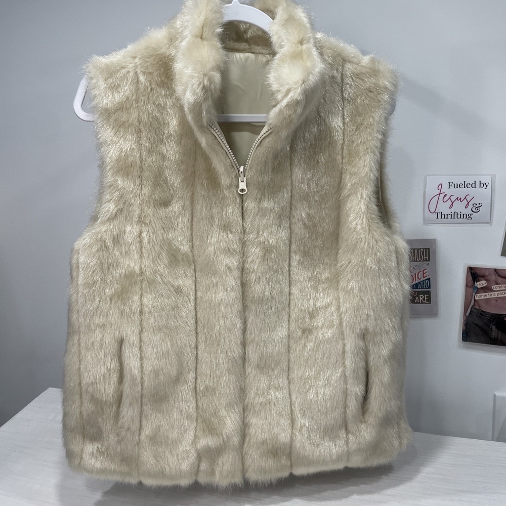 Unbranded Faux Fur Vest Cream Ivory Reversible Zip Up Pockets Medium